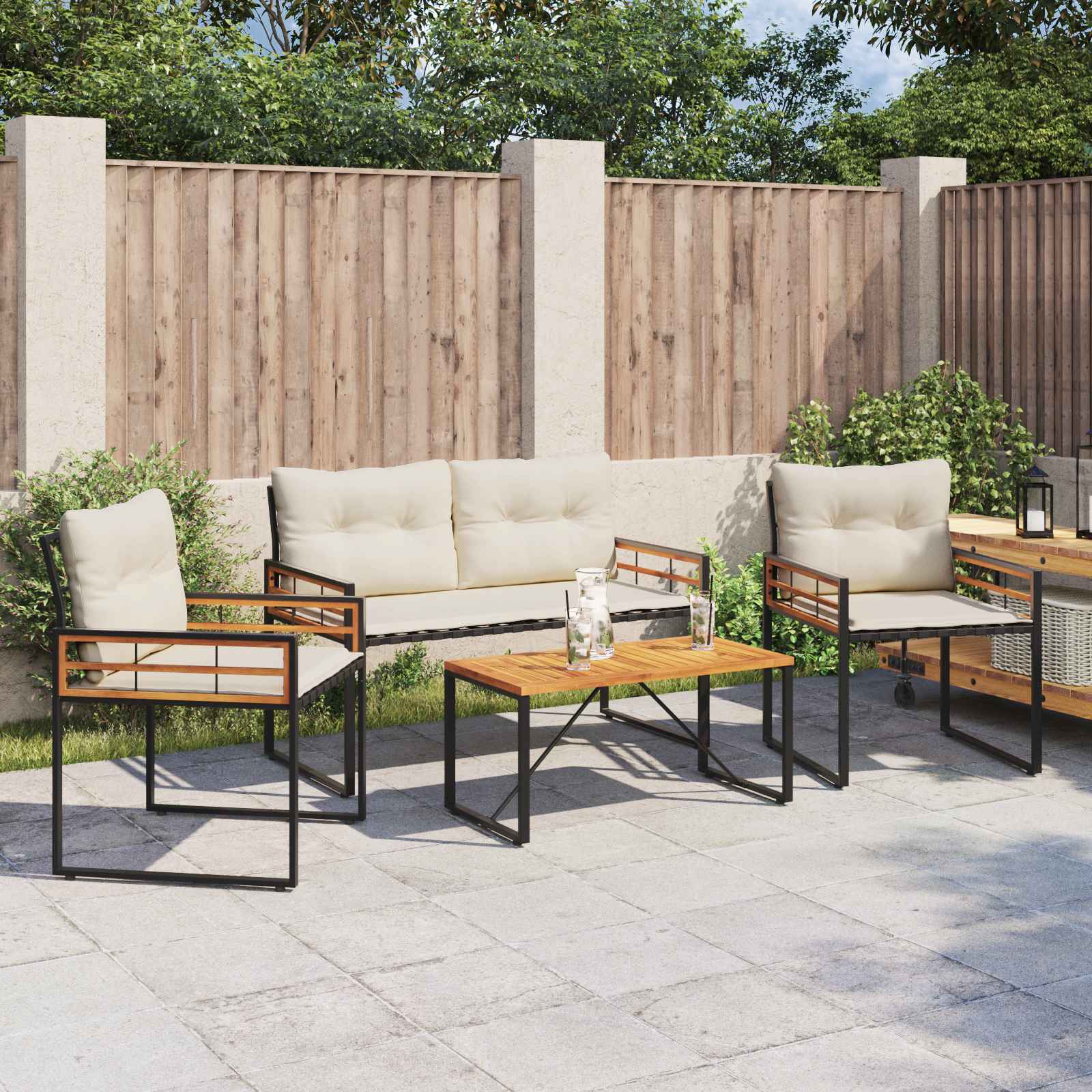 vidaXL Gartenmöbel Set mit Kissen 4 pcs Creme