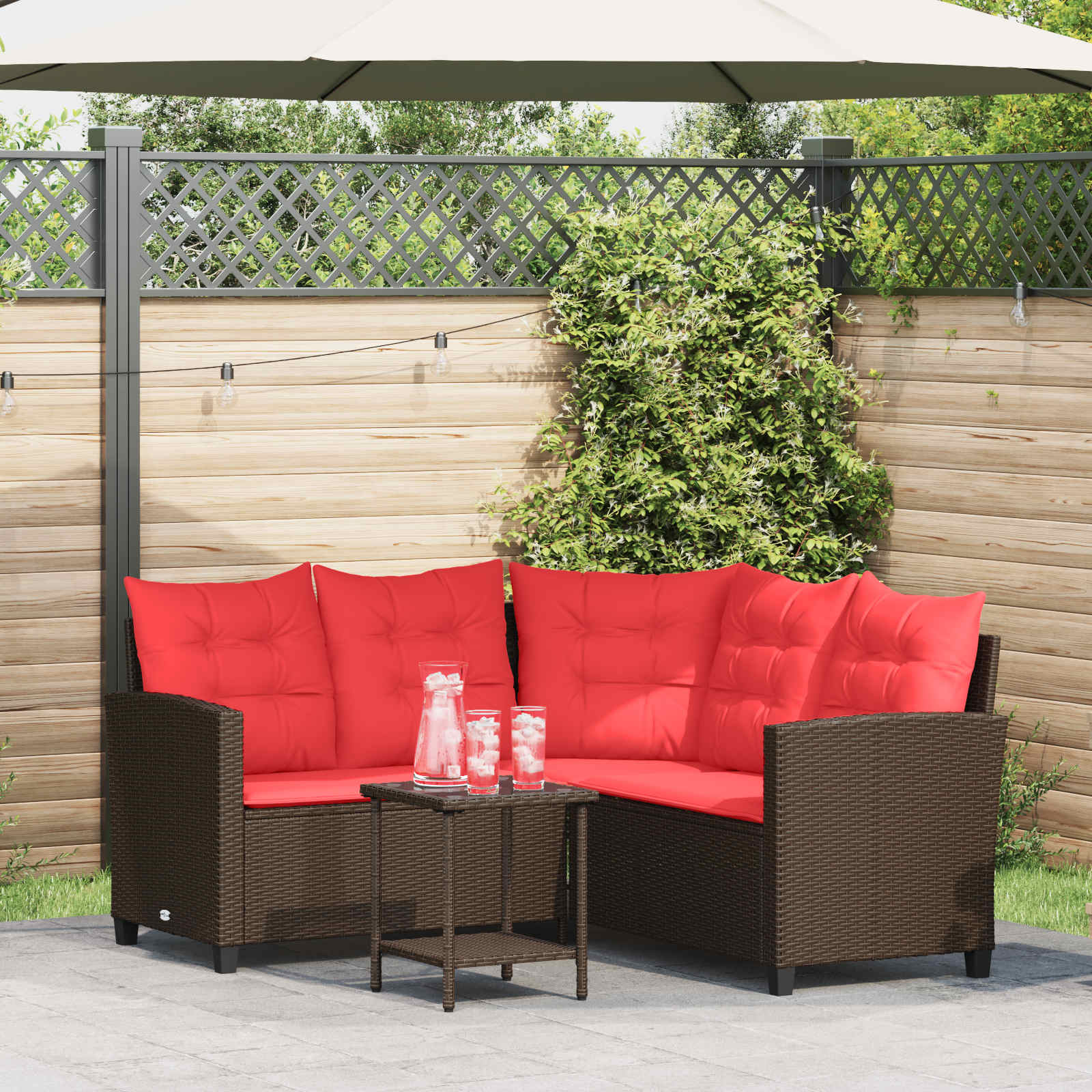 vidaXL Outdoor-Sofagarnitur mit Kissen 2 pcs Braun und Rot Poly-Rattan