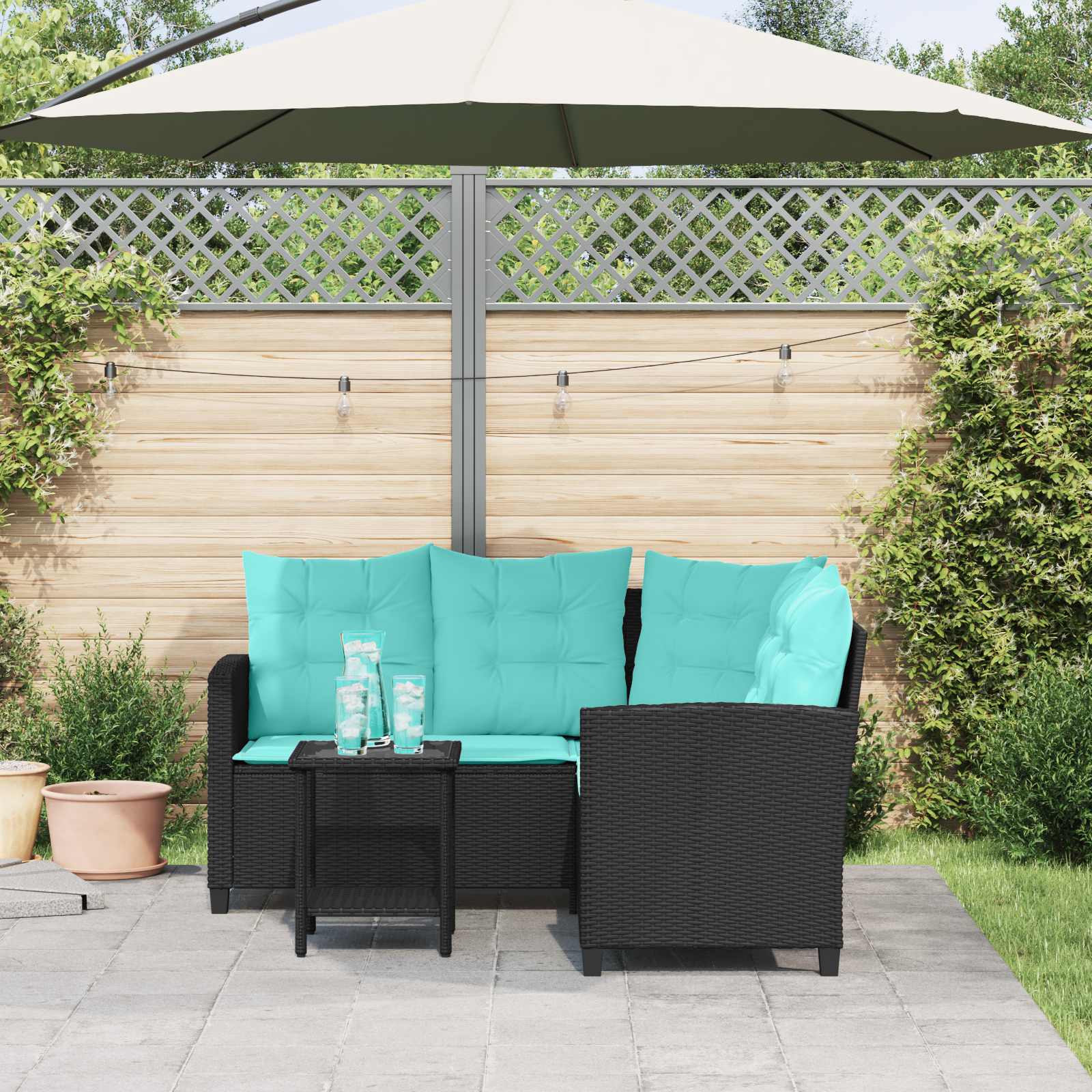 vidaXL Garten-Sofa mit Kissen 2 pcs Schwarz und Türkis Poly Rattan