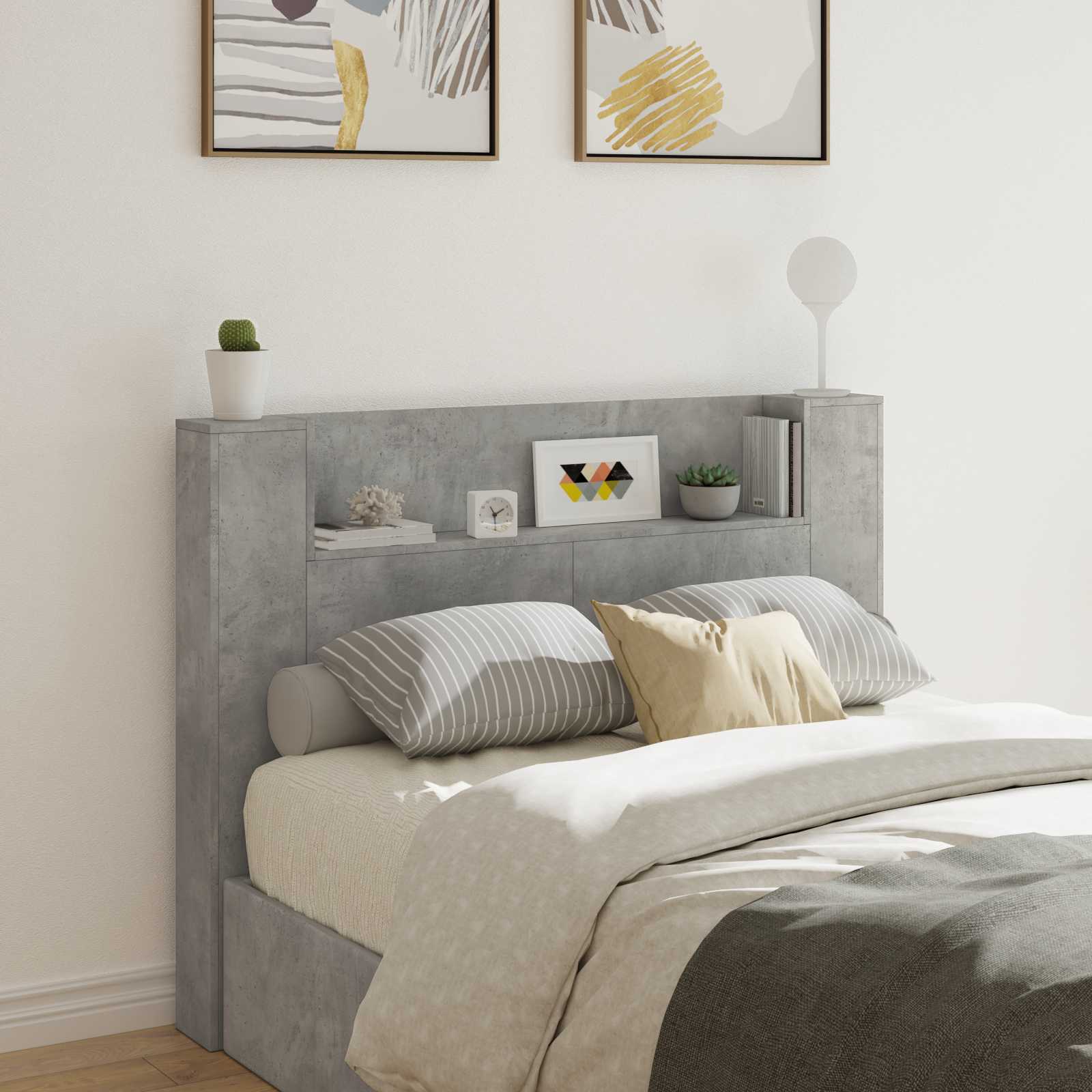 vidaXL Kopfteil-Schrank mit LED mit Regal Beton 140 x 16,5 x 103,5 cm