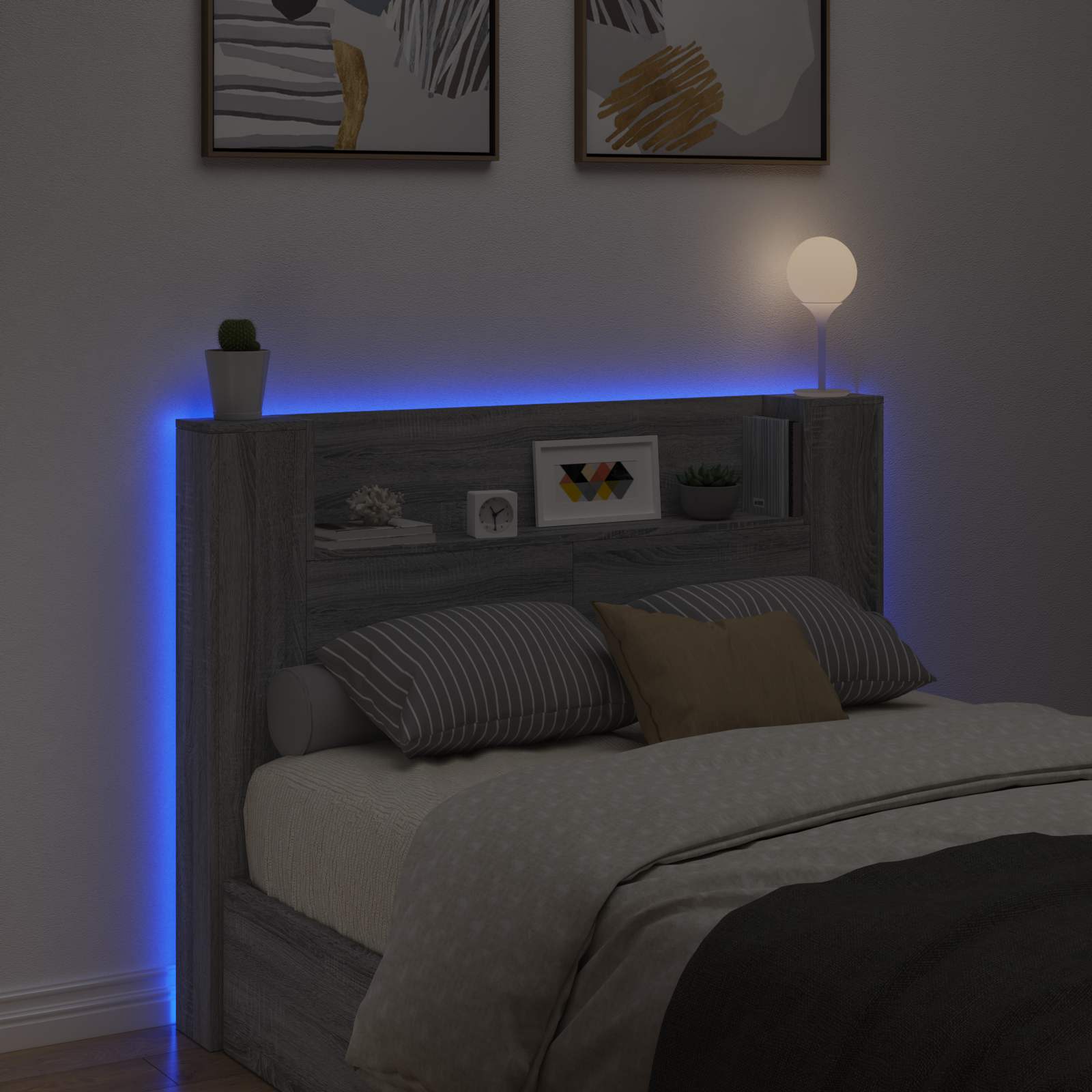 vidaXL Kopfteil-Schrank mit LED Graues Sonoma 140 x 16,5 x 103,5 cm