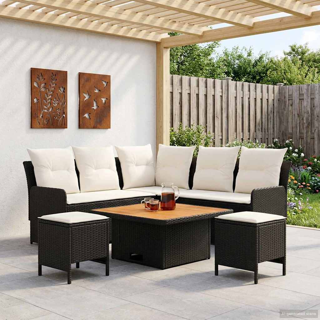 vidaXL Möbelsets mit Kissen 6 pcs Schwarz und Creme PE-Rattan