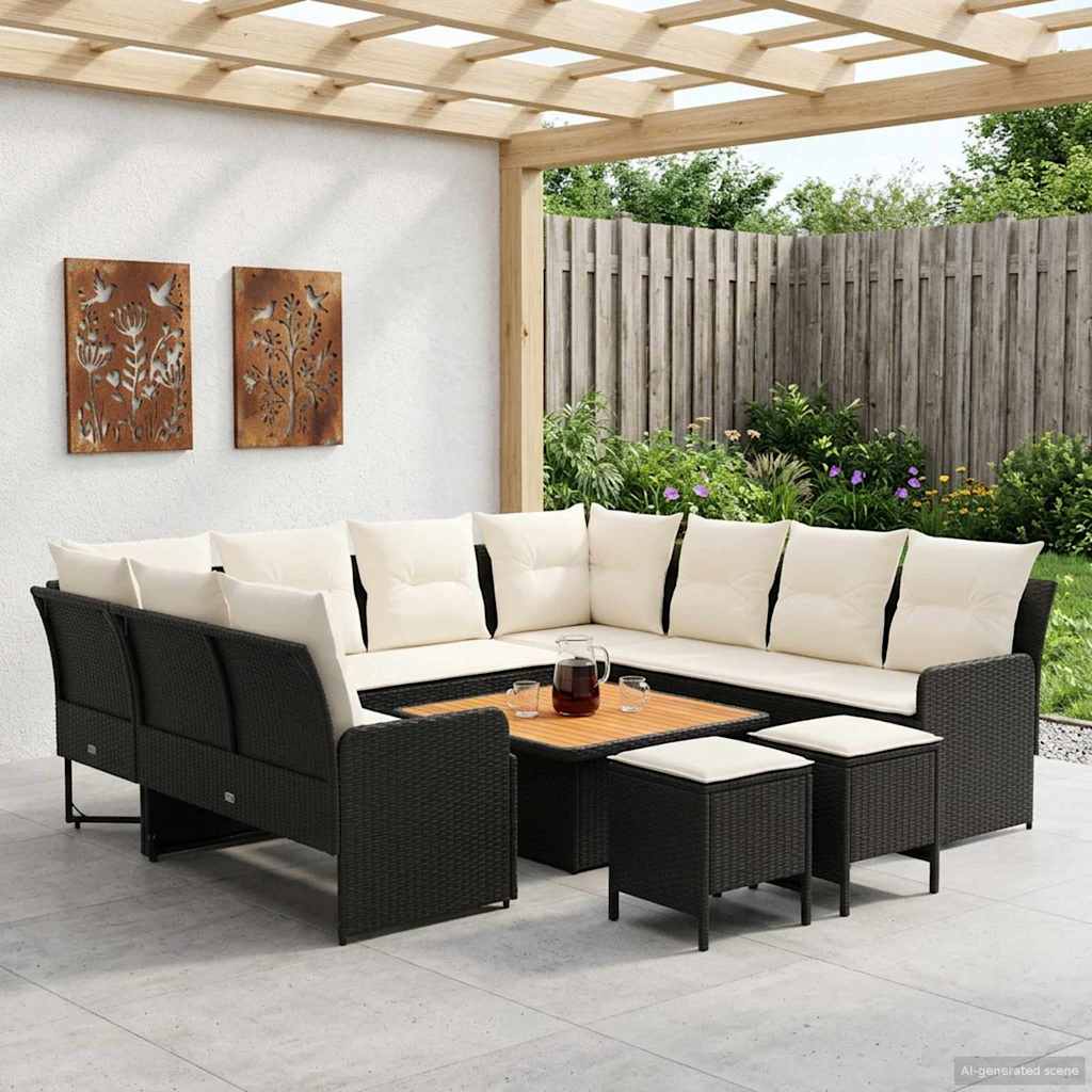 vidaXL Möbelsets mit Kissen 8 pcs Schwarz und Creme PE-Rattan