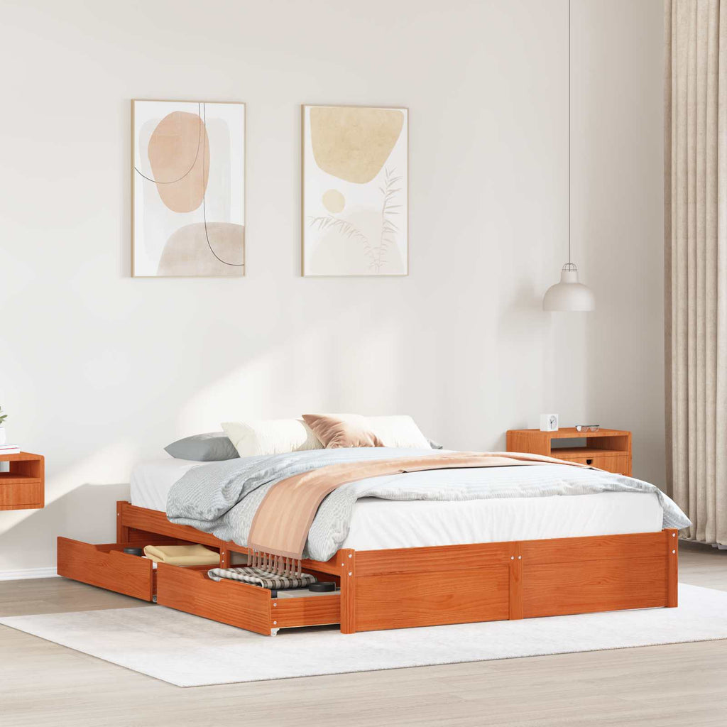 vidaXL Bettrahmen mit Schubladen 3 pcs Wachsbraun Massivholz Kiefer