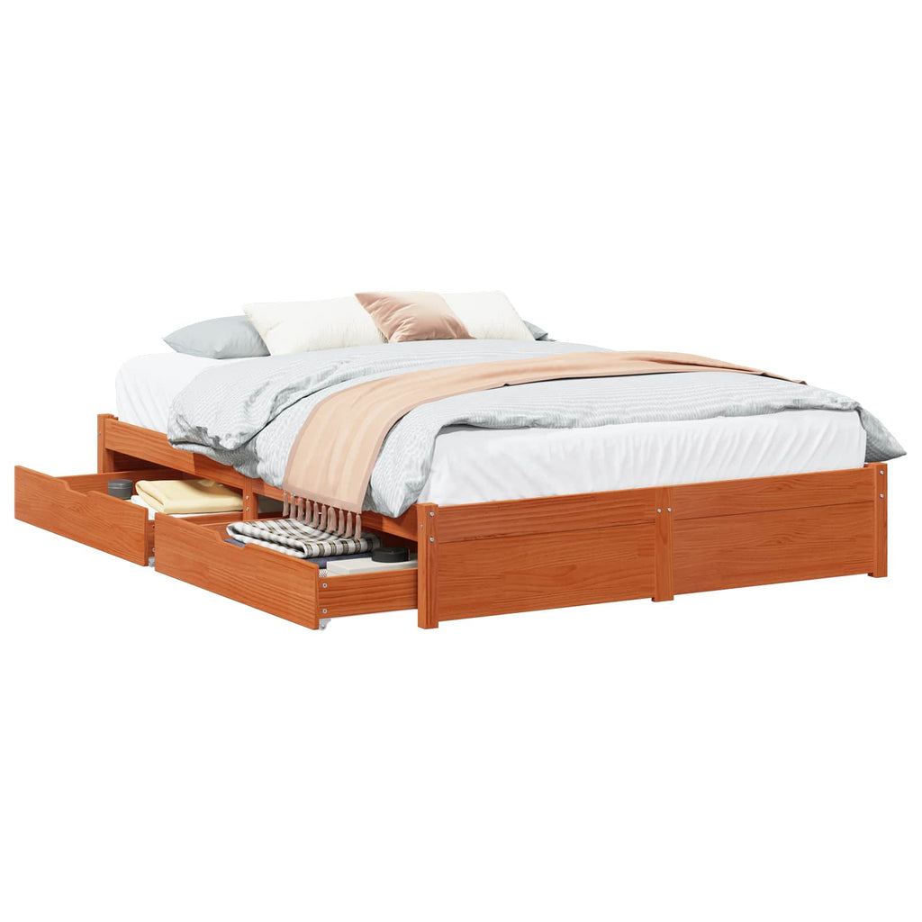 vidaXL Bettrahmen mit Schubladen 3 pcs Wachsbraun Massivholz Kiefer