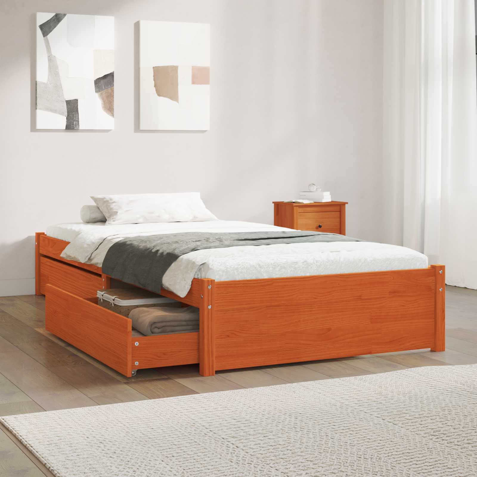 vidaXL Bettrahmen mit Schubladen 3 pcs Wachsbraun Kiefernholz