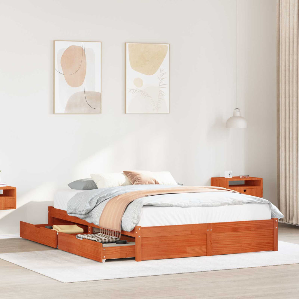 vidaXL Bettrahmen mit Schubladen Wachsbraun Massivholz Kiefer