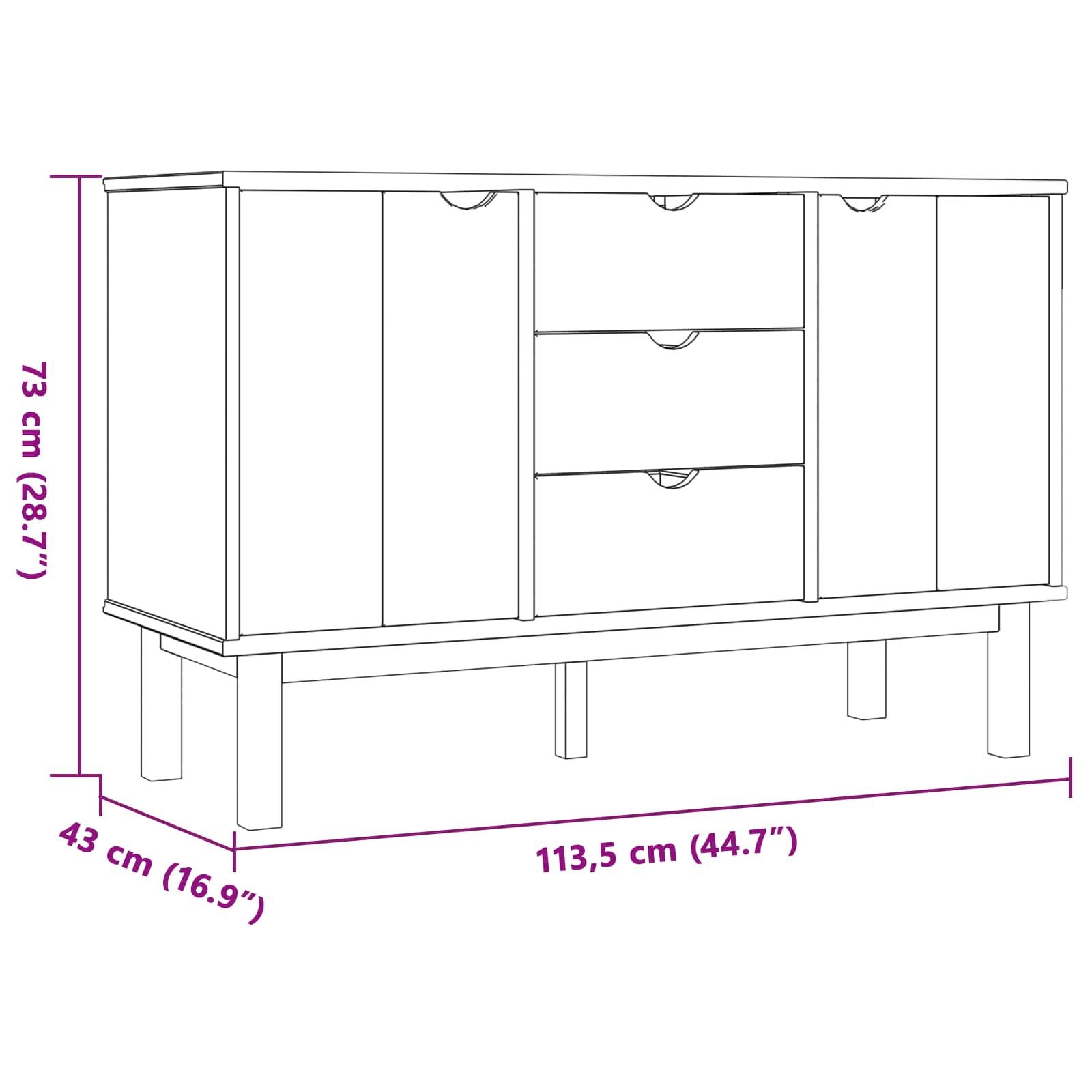 vidaXL Sideboard OTTA Schwarz 113,5 x 43 x 73 cm Massives Kiefernholz
