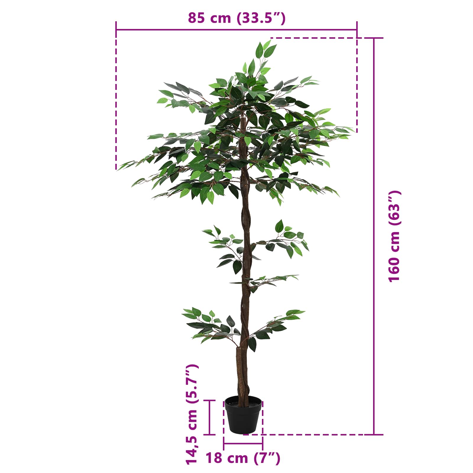 vidaXL Künstliche Ficus-Pflanze Grün 85 x 18 x 160 cm Stoff und Holz