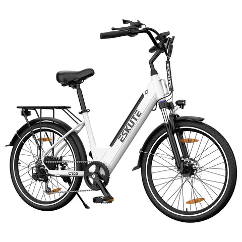 E-Bike ESKUTE C100 -  Motor 250W Motor 36V10.4AH Akku 26x1.75 Zoll Reifen Mechanische Scheibenbremsen - Weiß