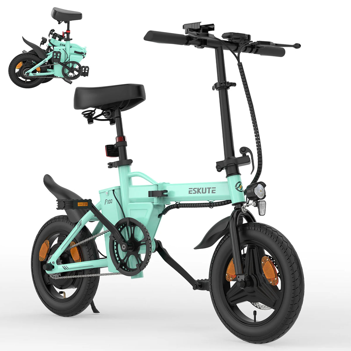 ESKUTE F100 E-Bike mit 14-Zoll-Reifen, 250-W-Motor, 36-V-9-Ah-Akku, mechanischen Scheibenbremsen – Blau