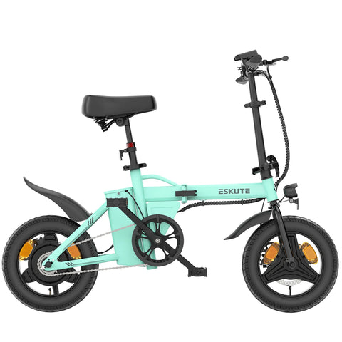 ESKUTE F100 E-Bike mit 14-Zoll-Reifen, 250-W-Motor, 36-V-9-Ah-Akku, mechanischen Scheibenbremsen – Blau