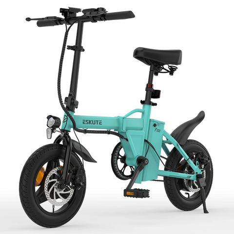 ESKUTE F100 E-Bike mit 14-Zoll-Reifen, 250-W-Motor, 36-V-9-Ah-Akku, mechanischen Scheibenbremsen – Blau
