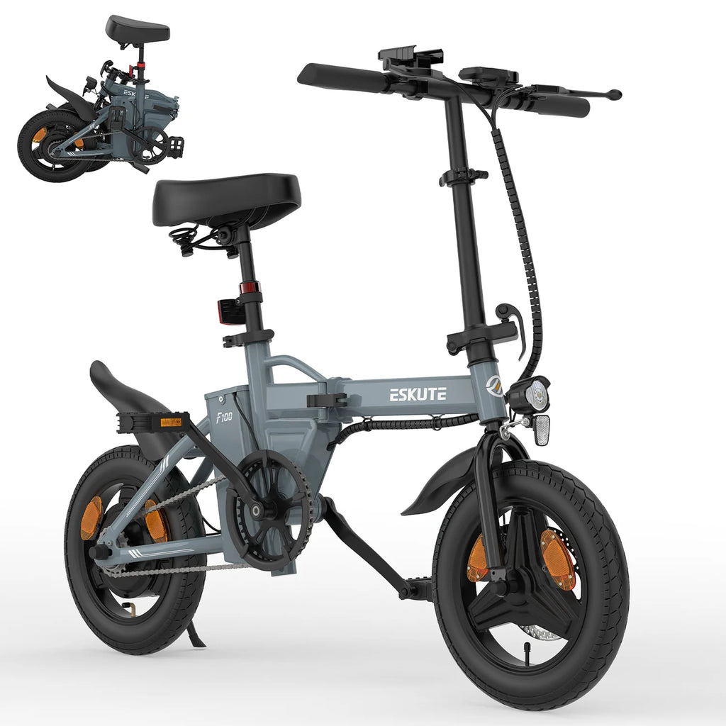 ESKUTE F100 E-Bike (14 Zoll Reifen, 250-W-Motor, 36 V 9 Ah Akku, mechanische Scheibenbremsen) – Grau