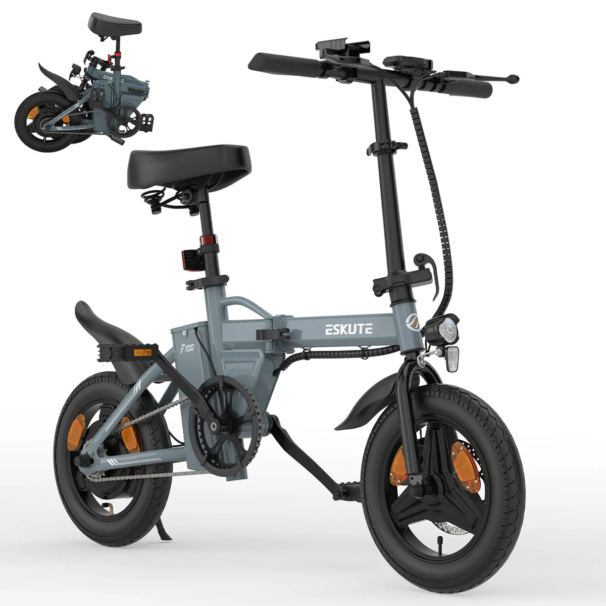 ESKUTE F100 E-Bike (14 Zoll Reifen, 250-W-Motor, 36 V 9 Ah Akku, mechanische Scheibenbremsen) – Grau