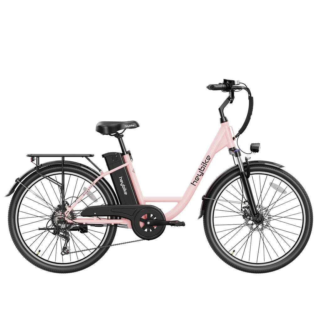 Vélo électrique Heybike Cityscape - Batterie 250 W 36 V 10 Ah Pneus 26 pouces Freins à disque mécaniques - Rose