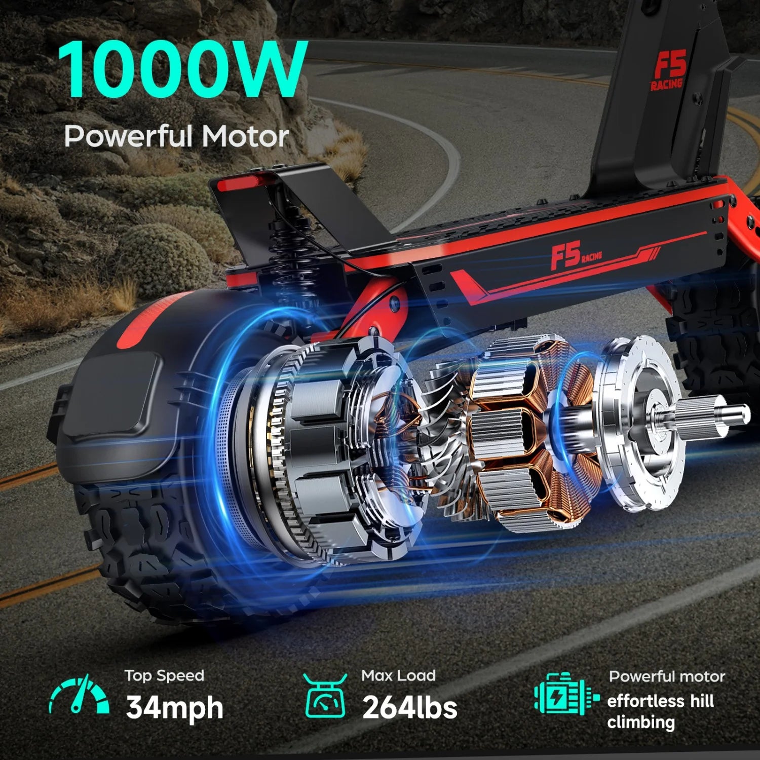 Rotes E-Bike 1000W 52V20Ah 43 Meilen Dualfederung