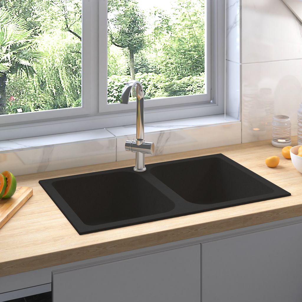 vidaXL Küchen-Spüle Schwarz 76 x 48 x 30 cm Quarz und Harz